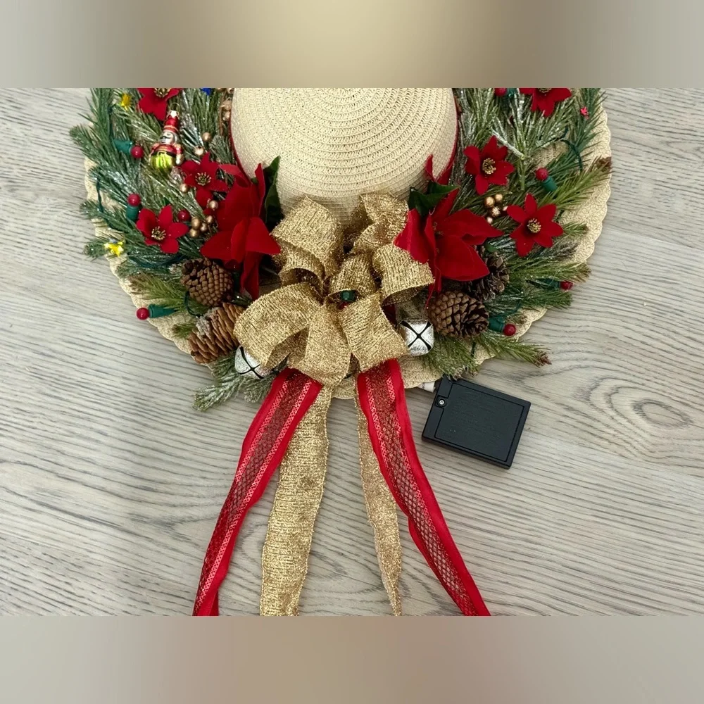 Handmade Christmas Straw Hat Wreath! Holidays decor Crafted From Scratch! Lights